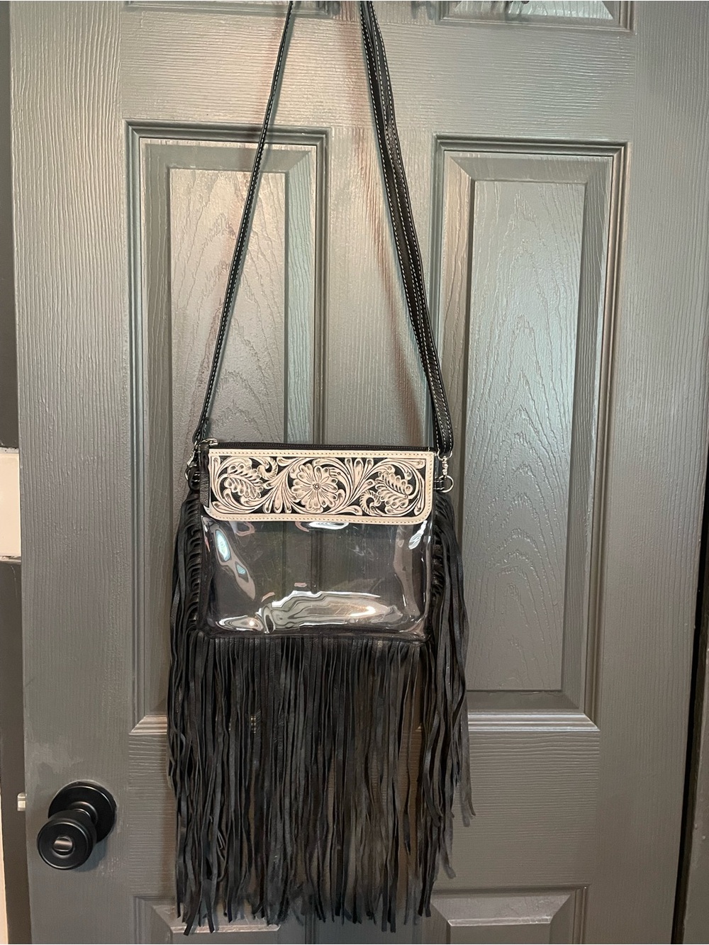 Black Fringe Clear Crossbody Bag with beige Floral Trim